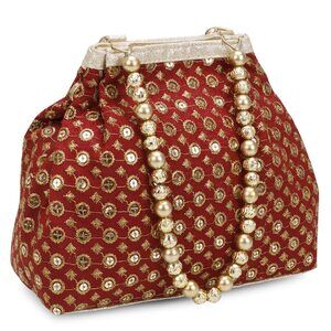 2780 Indian Ethnic Designer Embroidered Silk Potli Bag Batwa Pearls Handle